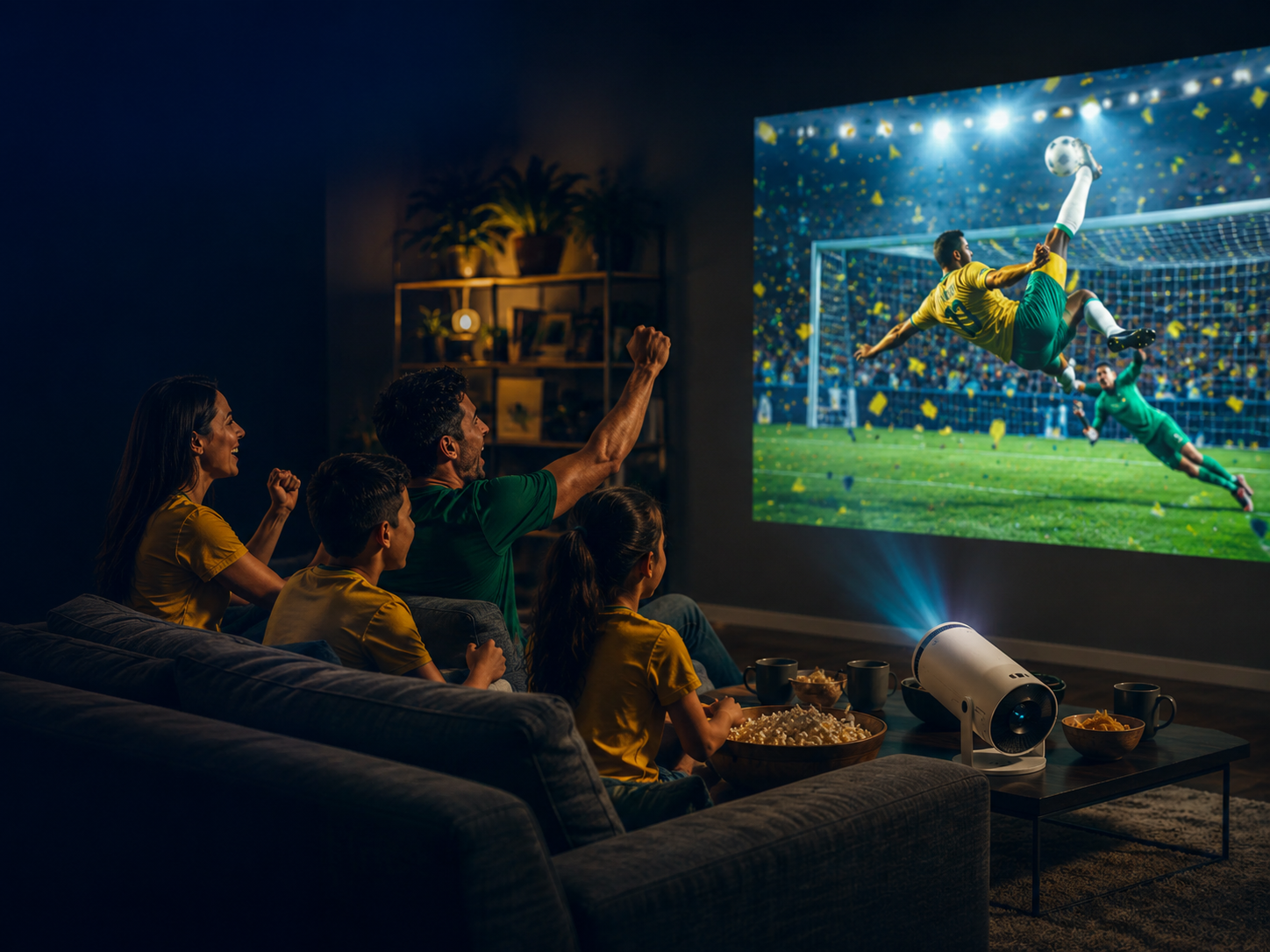 Família assistindo em casa com projetor